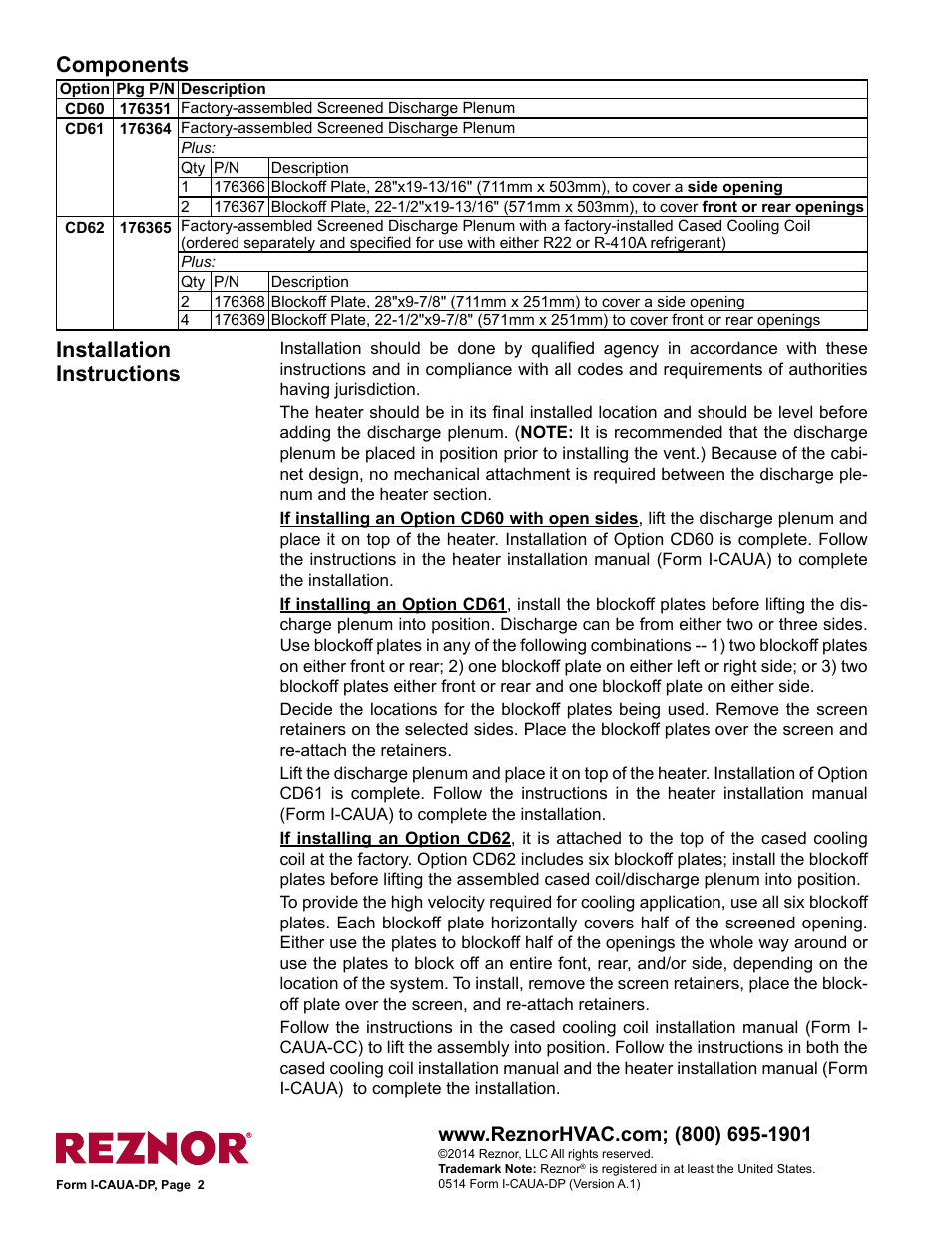 Components installation instructions | Reznor CAUA Option - Installation - Discharge Plenum (CD60, CD61, CD62) User Manual | Page 2 / 2