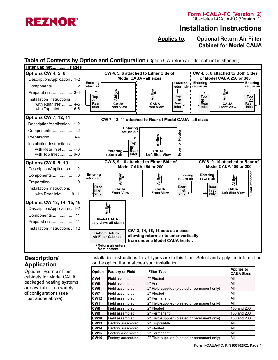 Reznor CAUA Option - Installation - Filter Cabinet User Manual | 12 pages