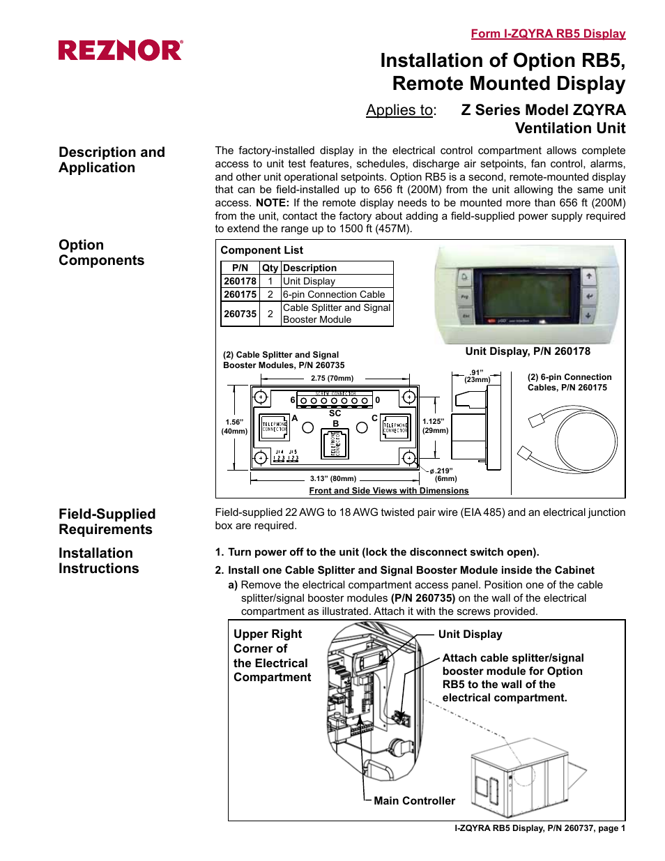 Reznor ZQYRA Option - Installation - Remote Display User Manual | 4 pages