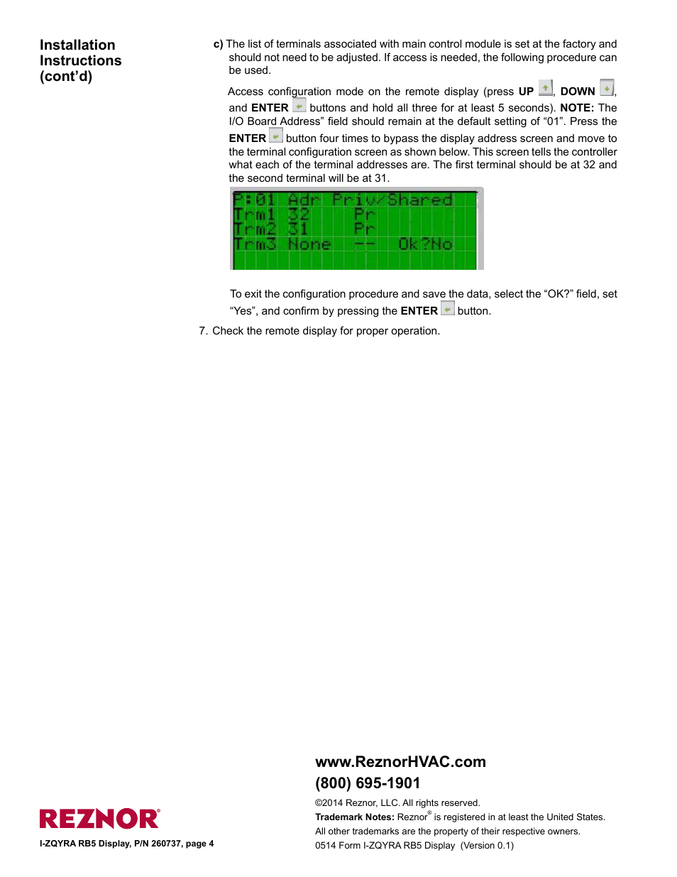 Installation instructions (cont’d) | Reznor ZQYRA Option - Installation - Remote Display User Manual | Page 4 / 4