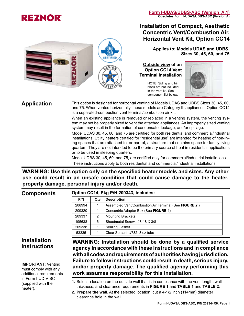 Reznor UDBS Sizes 30, 45, 60, and 75 Option - Installation - Aesthetic Concentric Adapter User Manual | 4 pages