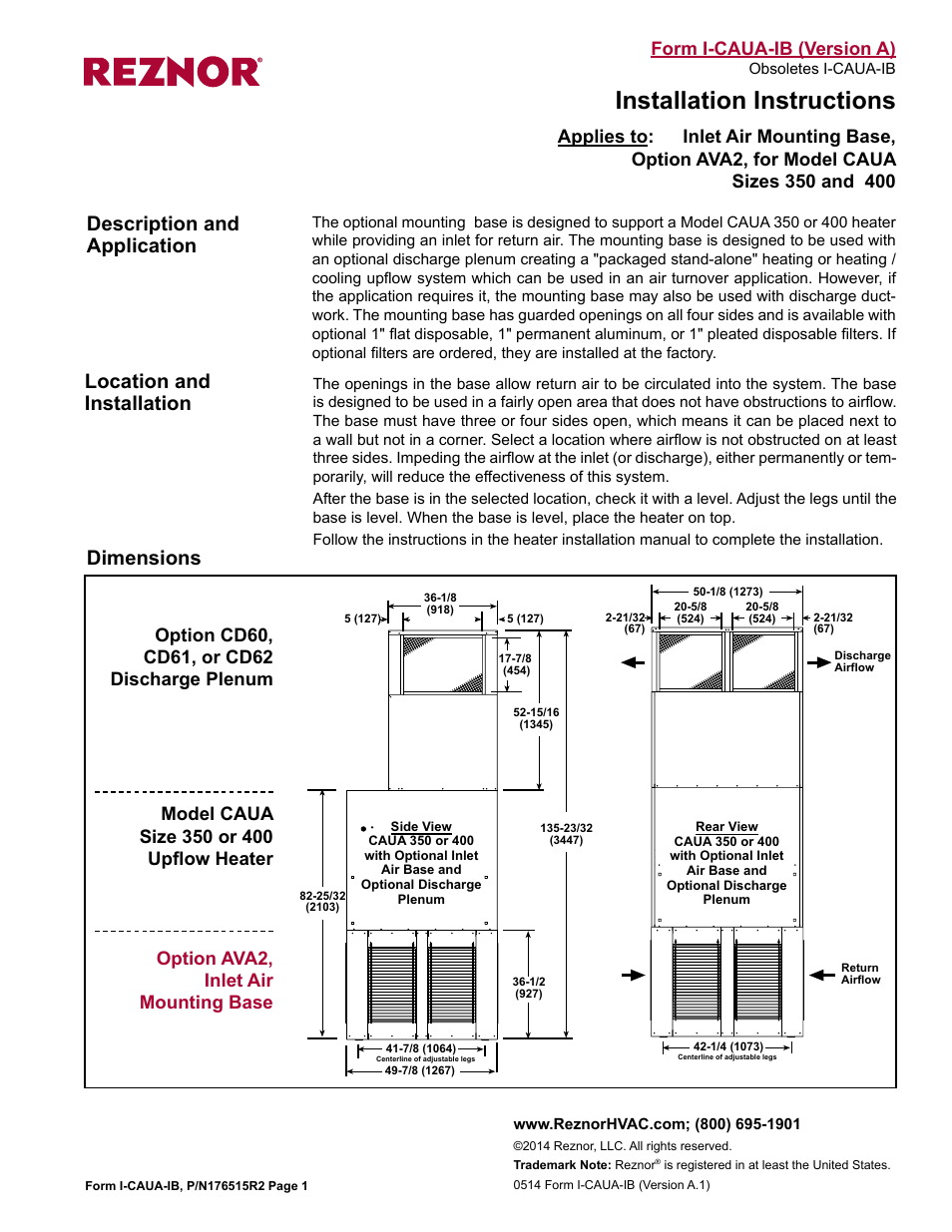 Reznor CAUA Sizes 350 and 400 Option - Installation - Inlet Air Base User Manual | 1 page