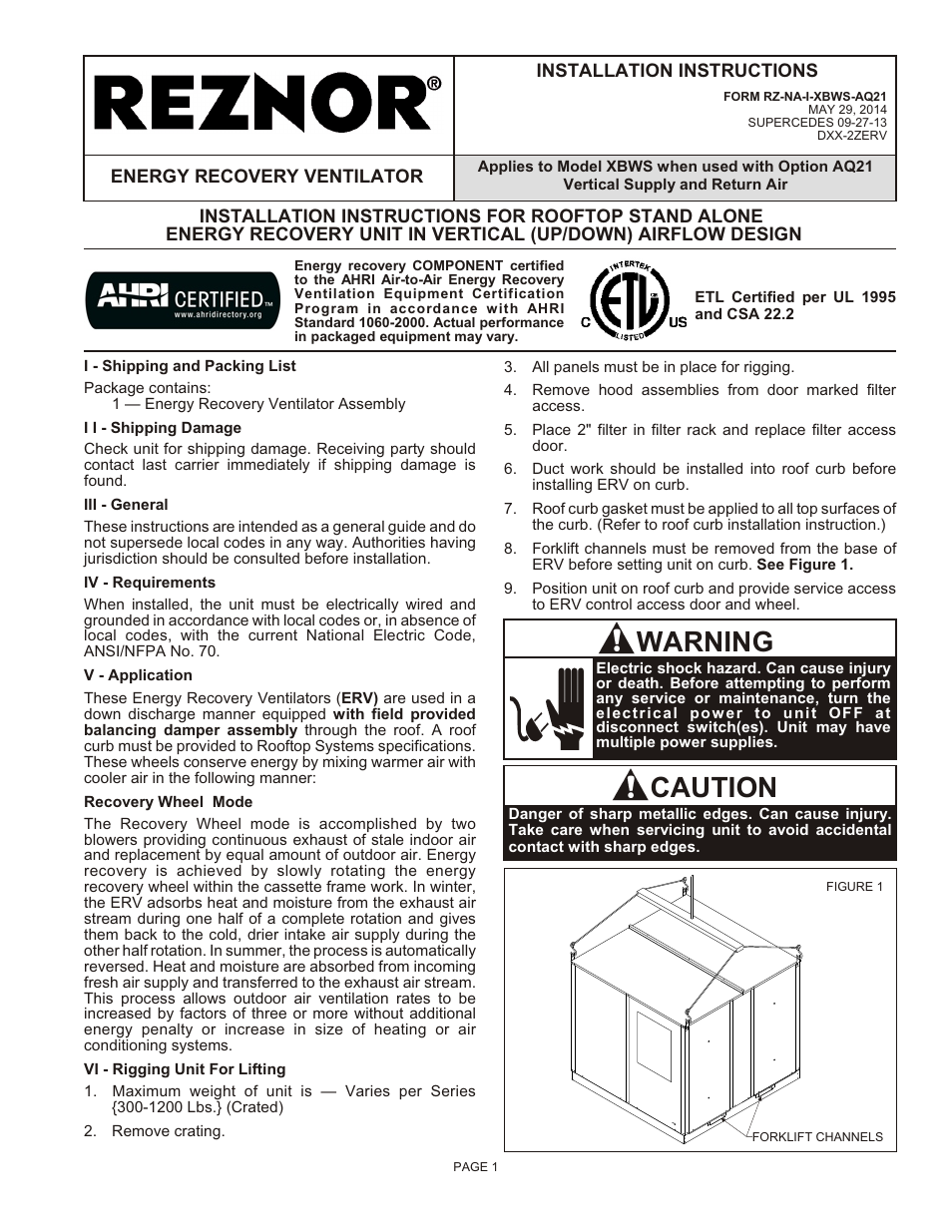 Reznor XBWS Option - Installation - Vertical Supply/Return User Manual | 16 pages
