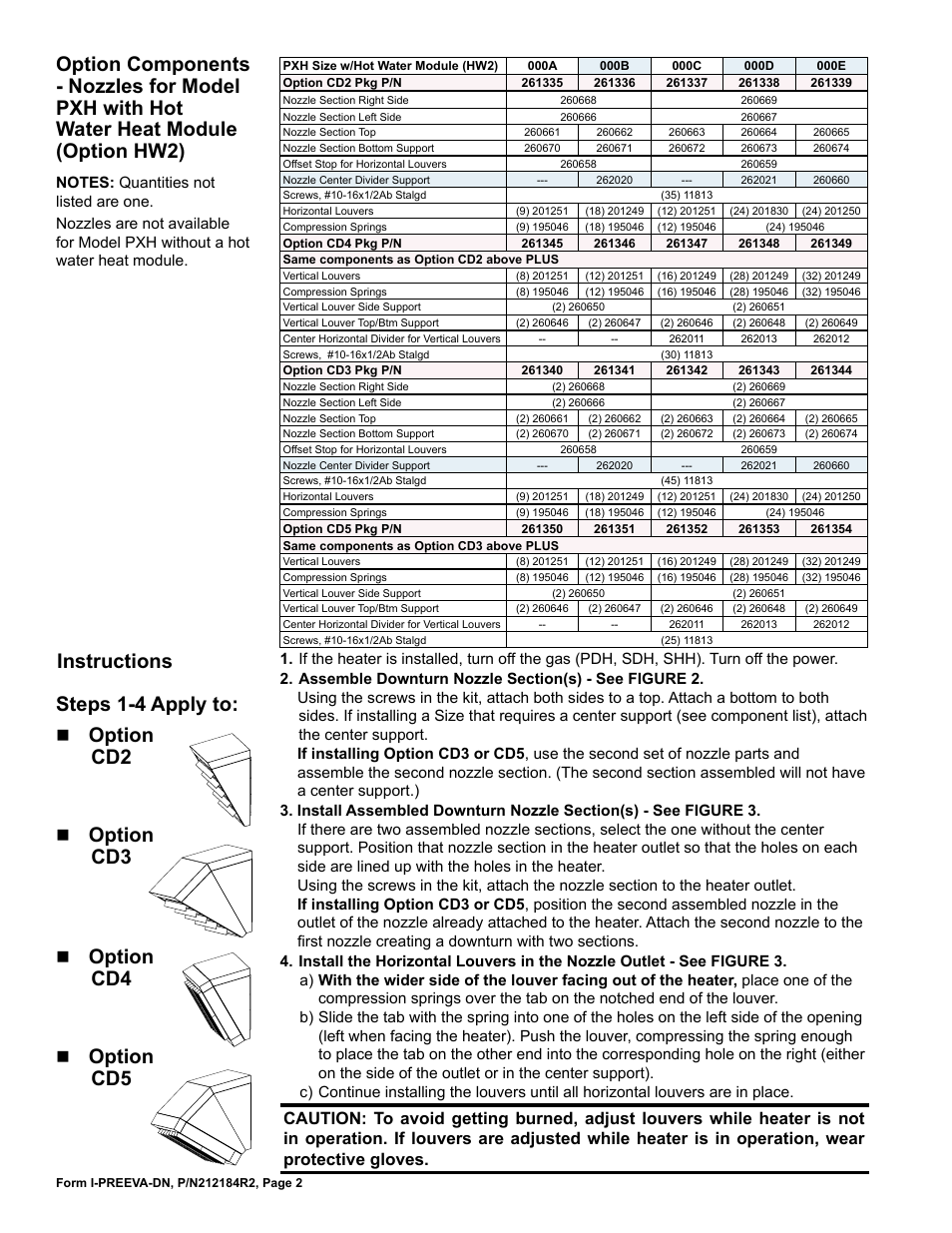 Instructions, Steps 1-4 apply to, Option cd2 | Option cd3, Option cd4 | Reznor PXH Option - Installation - Downturn Nozzle Installation - Indoor PreevA User Manual | Page 2 / 4
