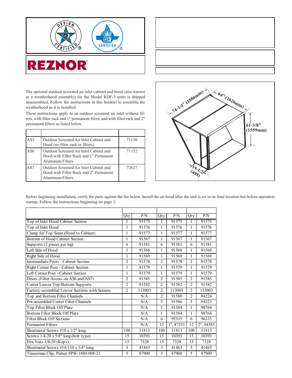 Reznor RDF Option - Installation - Weather Hood Assembly User Manual | 4 pages