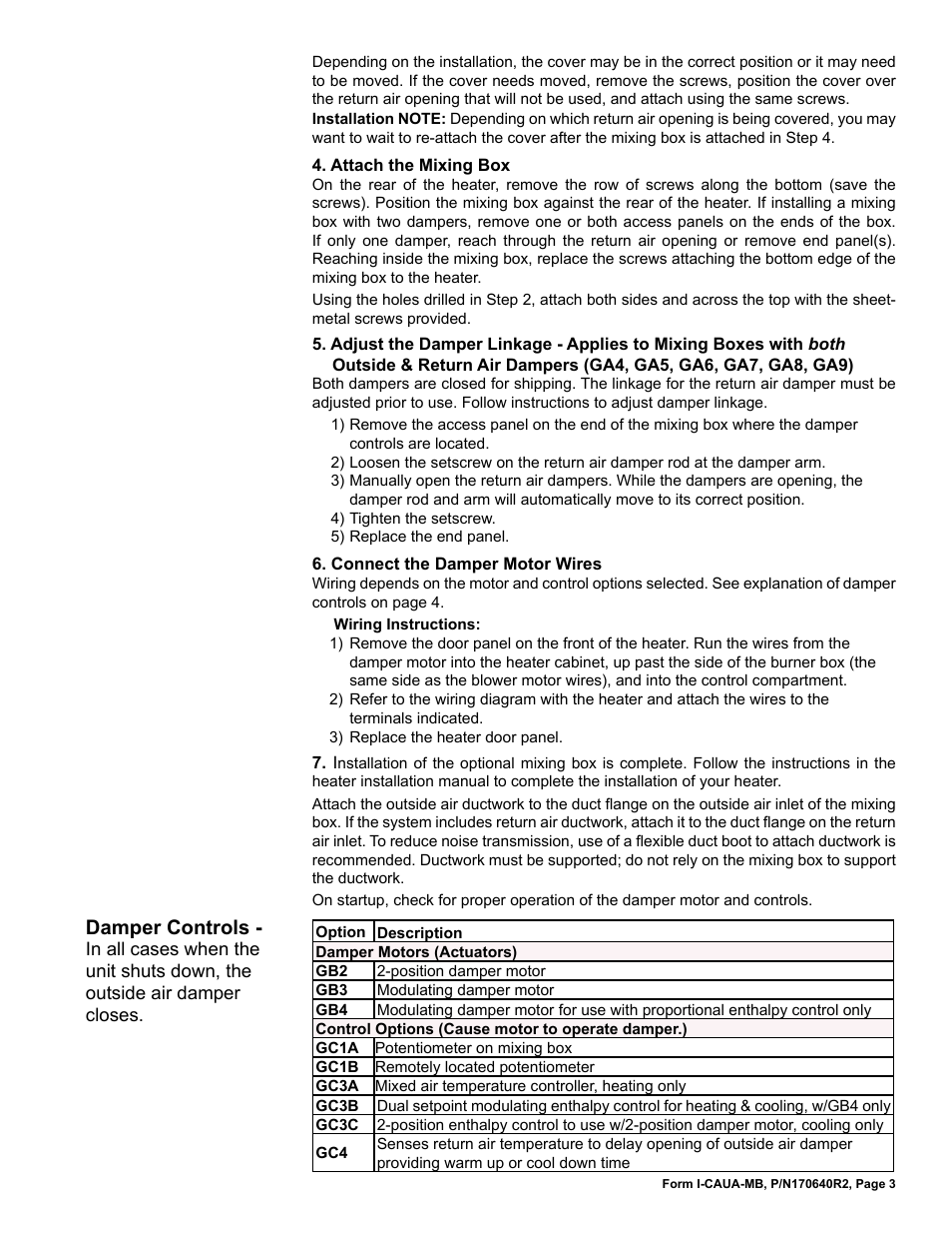 Damper controls | Reznor CAUA Option - Installation - Mixing Box Installation User Manual | Page 3 / 4