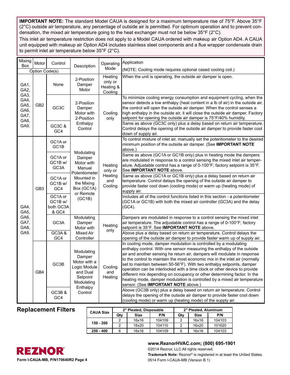Replacement filters | Reznor CAUA Option - Installation - Mixing Box Installation User Manual | Page 4 / 4