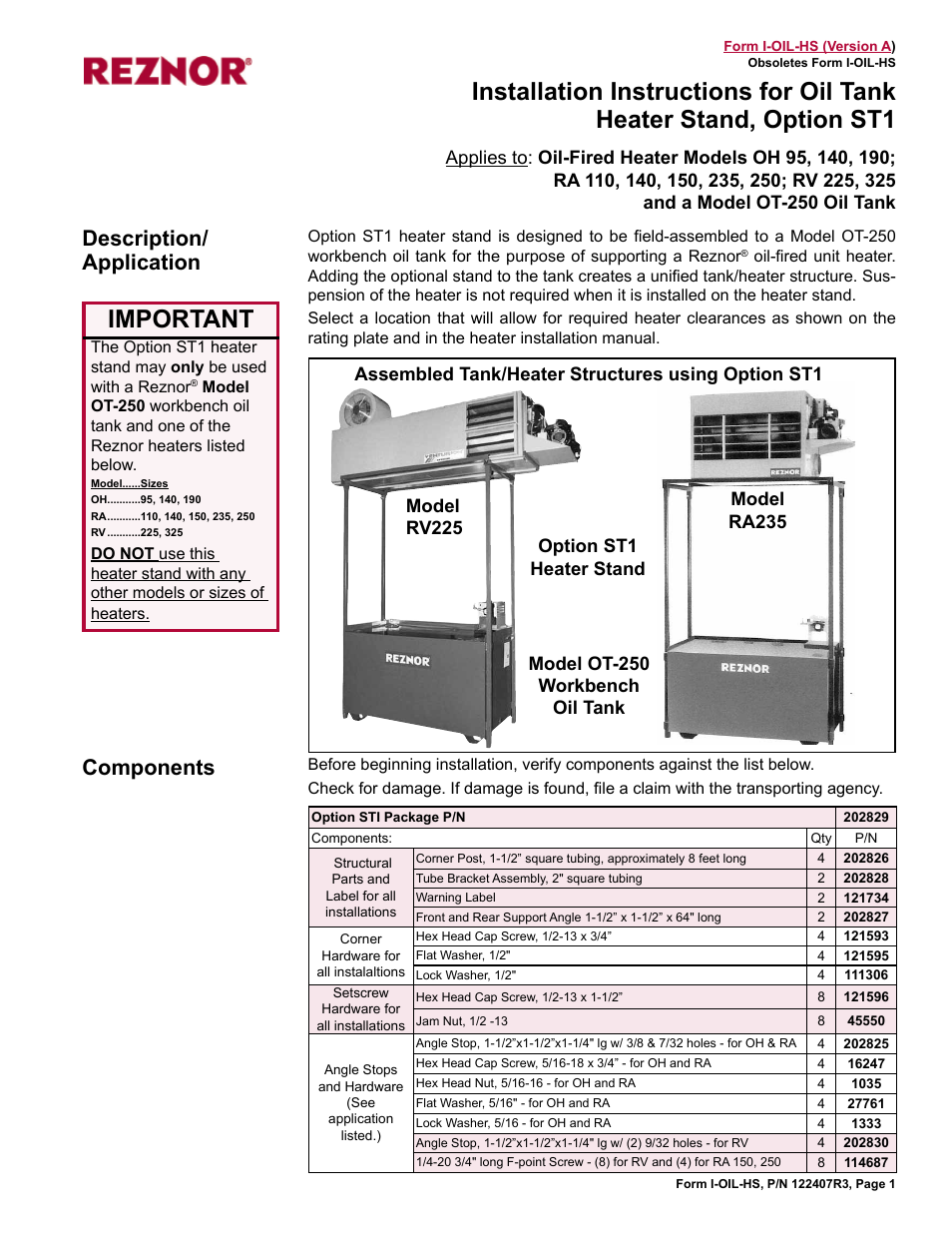 Reznor RV 325 Option - Installation - Heater Stand Assembly User Manual | 4 pages