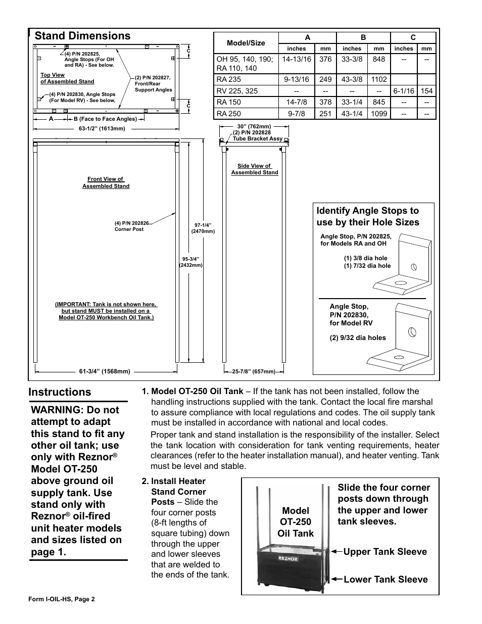 Stand dimensions, Instructions | Reznor RV 325 Option - Installation - Heater Stand Assembly User Manual | Page 2 / 4