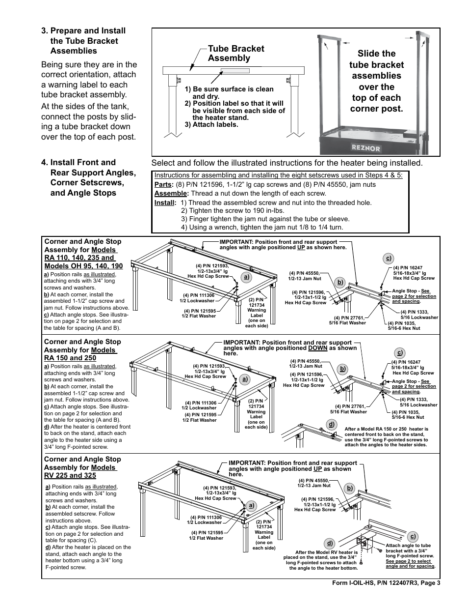 Tube bracket assembly, Prepare and install the tube bracket assemblies | Reznor RV 325 Option - Installation - Heater Stand Assembly User Manual | Page 3 / 4