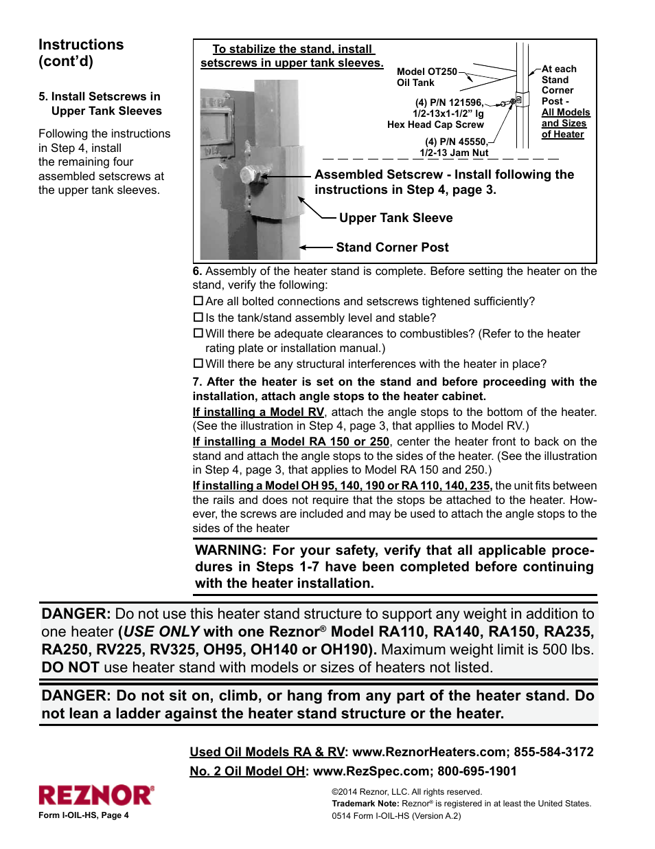Reznor RV 325 Option - Installation - Heater Stand Assembly User Manual | Page 4 / 4