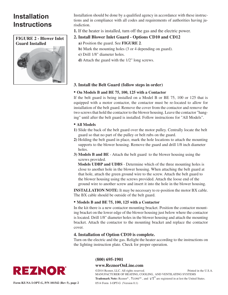 Installation instructions | Reznor BE Option - Installation - Blower Guard (Options CD10 and CD12) User Manual | Page 2 / 2