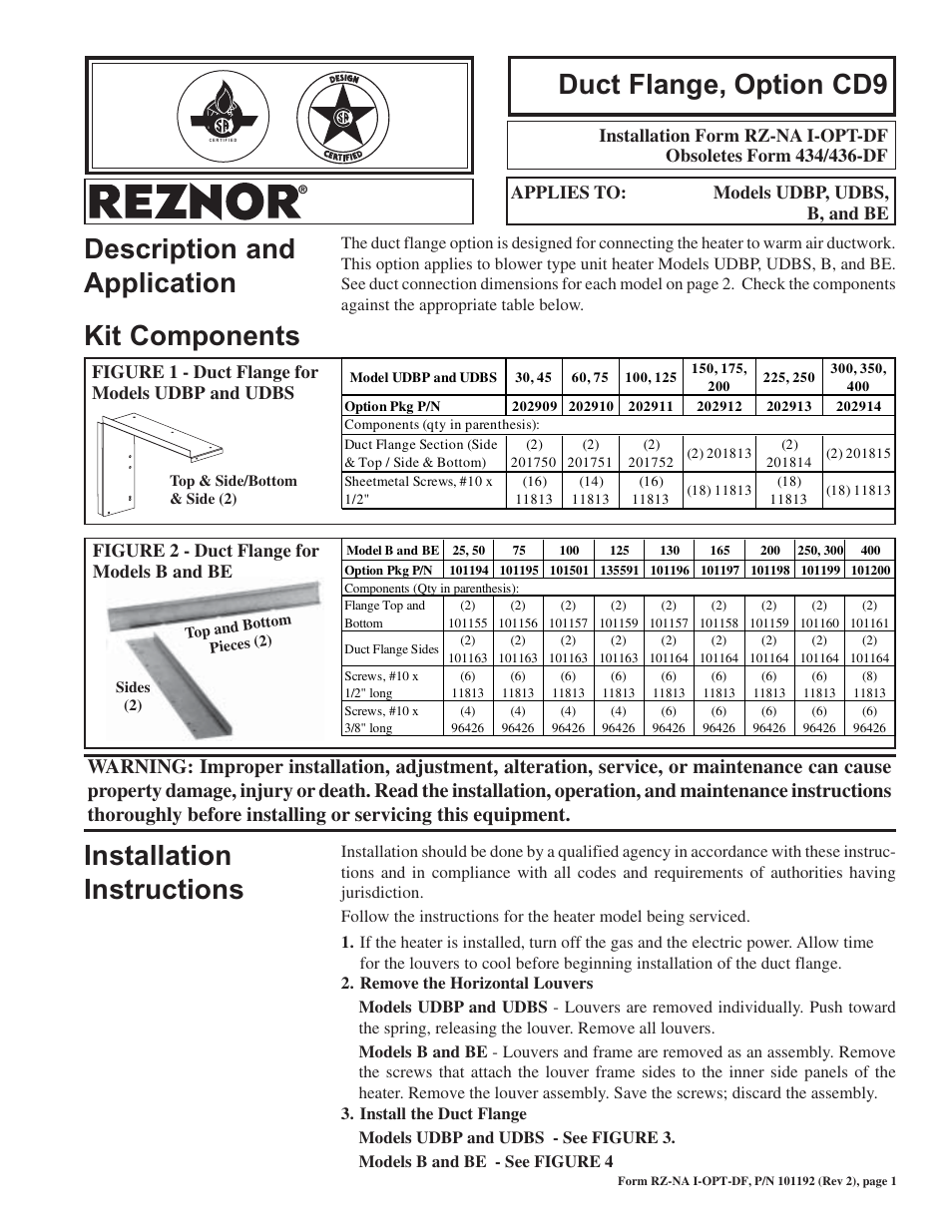 Reznor BE Option - Installation - Duct Flange Assembly (Options CD9) User Manual | 2 pages