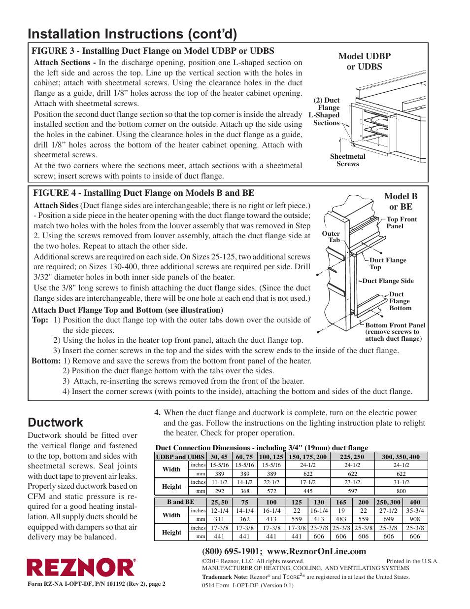 Installation instructions (cont’d), Ductwork, Model b or be model udbp or udbs | Reznor BE Option - Installation - Duct Flange Assembly (Options CD9) User Manual | Page 2 / 2