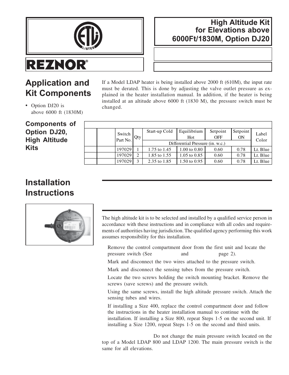 Reznor LDAP Conversion Info - High Altitude Kit Installation (Option DJ20) User Manual | 2 pages