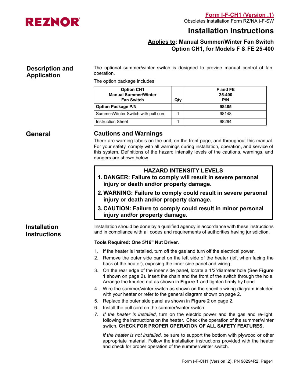 Reznor FE 25-400 Option - Installation - Fan Switch Installation (Option CH1) User Manual | 2 pages