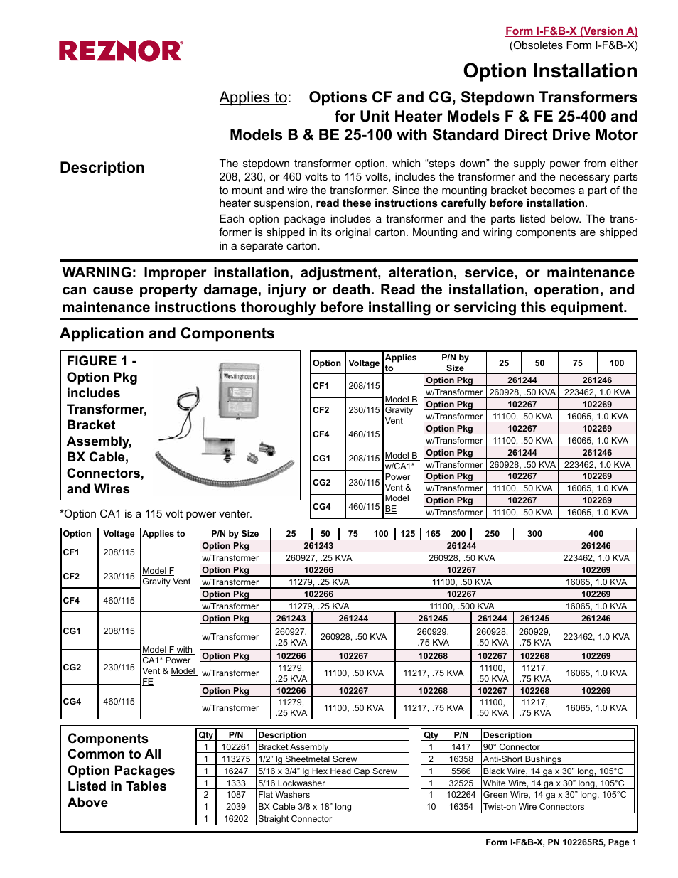 Reznor BE 25-100 Option - Installation - Stepdown Transformer Installation (Options CF and CG) User Manual | 2 pages