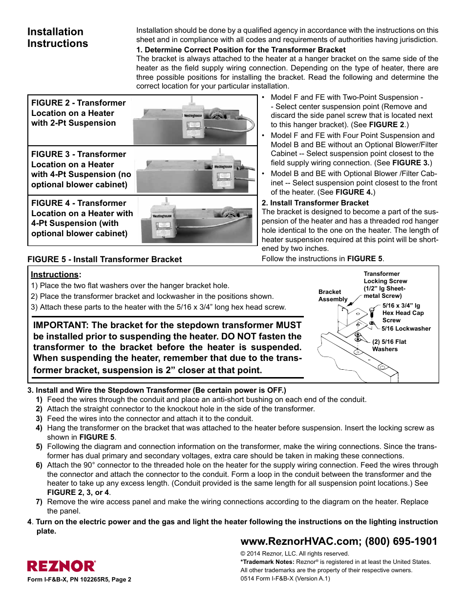 Installation instructions | Reznor BE 25-100 Option - Installation - Stepdown Transformer Installation (Options CF and CG) User Manual | Page 2 / 2