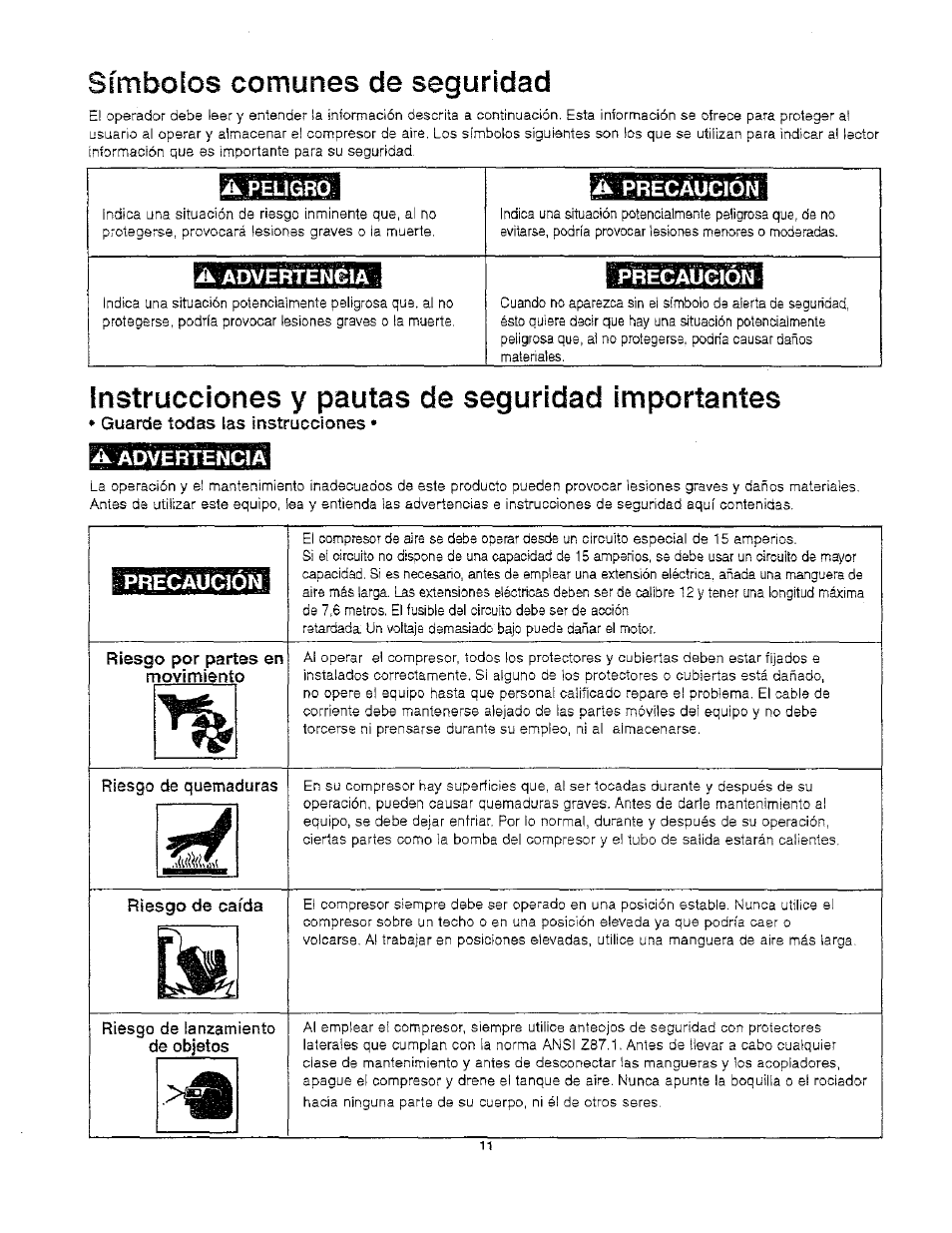 Símbolos comunes de seguridad, Instrucciones y pautas de seguridad importantes, Precáucídít | Craftsman 921.166390 User Manual | Page 13 / 20