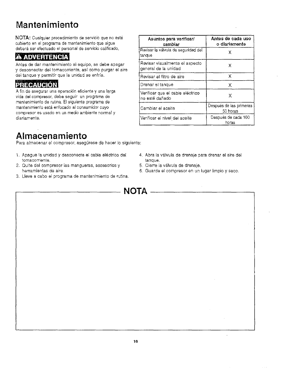 Mantenimiento, Precaucion, Almacenamiento | Nota | Craftsman 921.166390 User Manual | Page 18 / 20