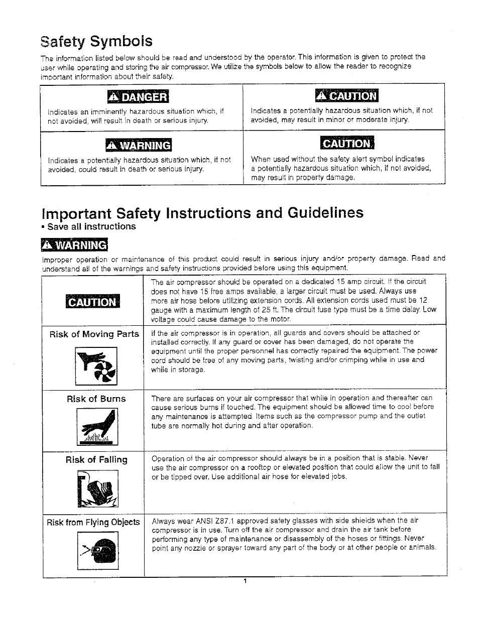 Safety symbols, A danger, A caution | A warning, Caution, Important safety instructions and guidelines, T^mition | Craftsman 921.166390 User Manual | Page 3 / 20