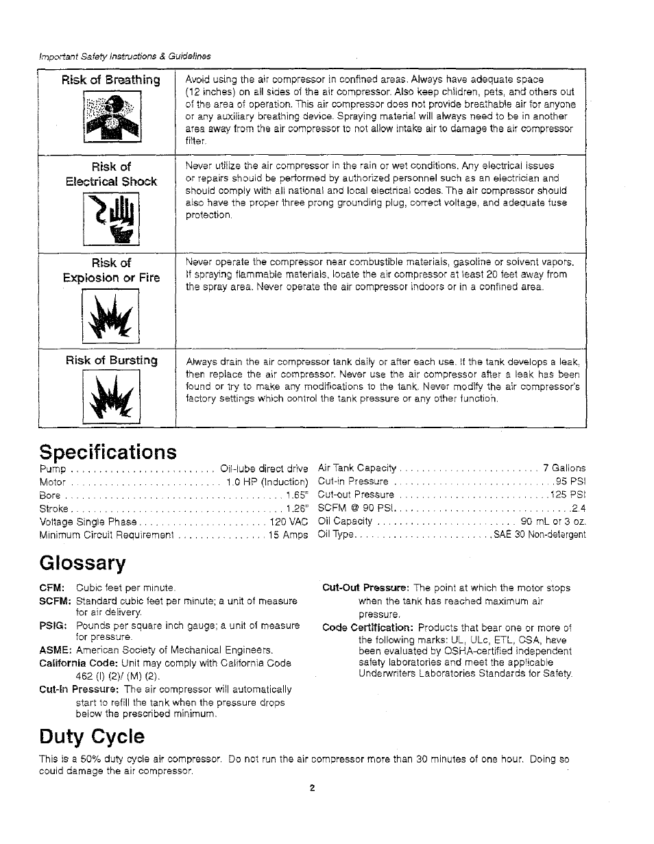 Specifications, Glossary, Duty cycle | Craftsman 921.166390 User Manual | Page 4 / 20