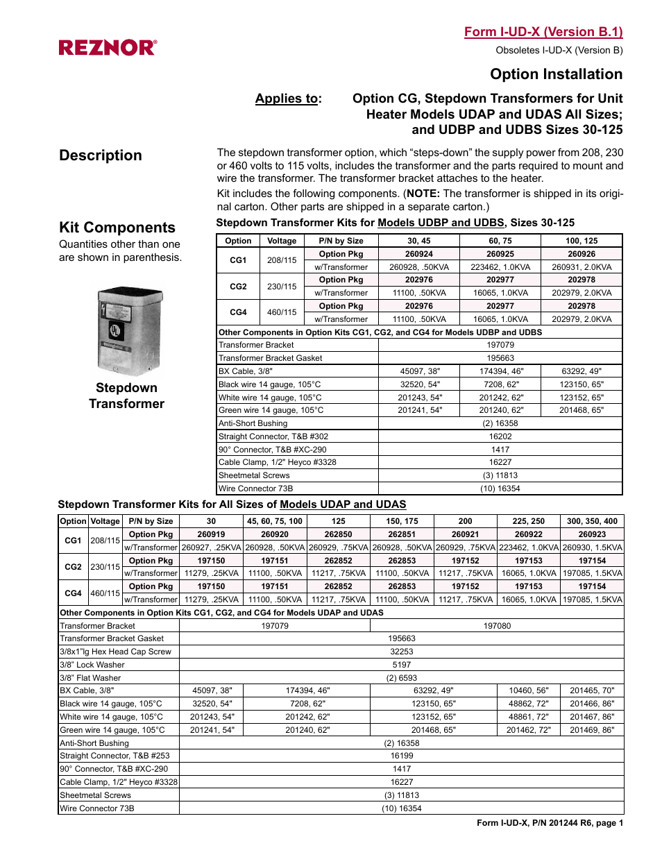 Reznor UDBS Sizes 30-125 Option - Installation - Stepdown Transformer - V3 Series User Manual | 4 pages