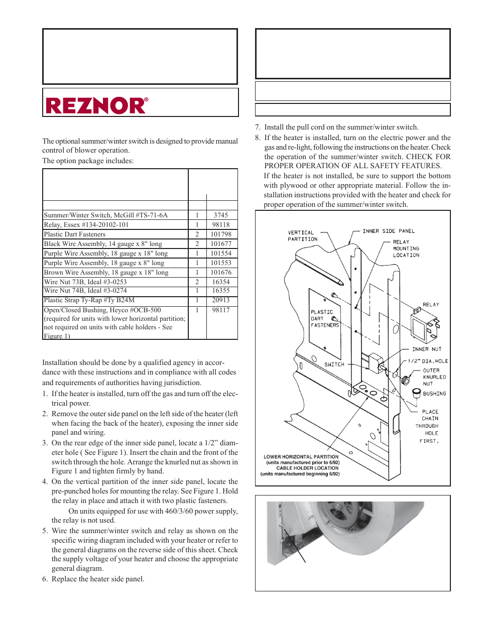 Reznor BE Option - Installation - Summer/Winter Blower Switch Instructions User Manual | 2 pages