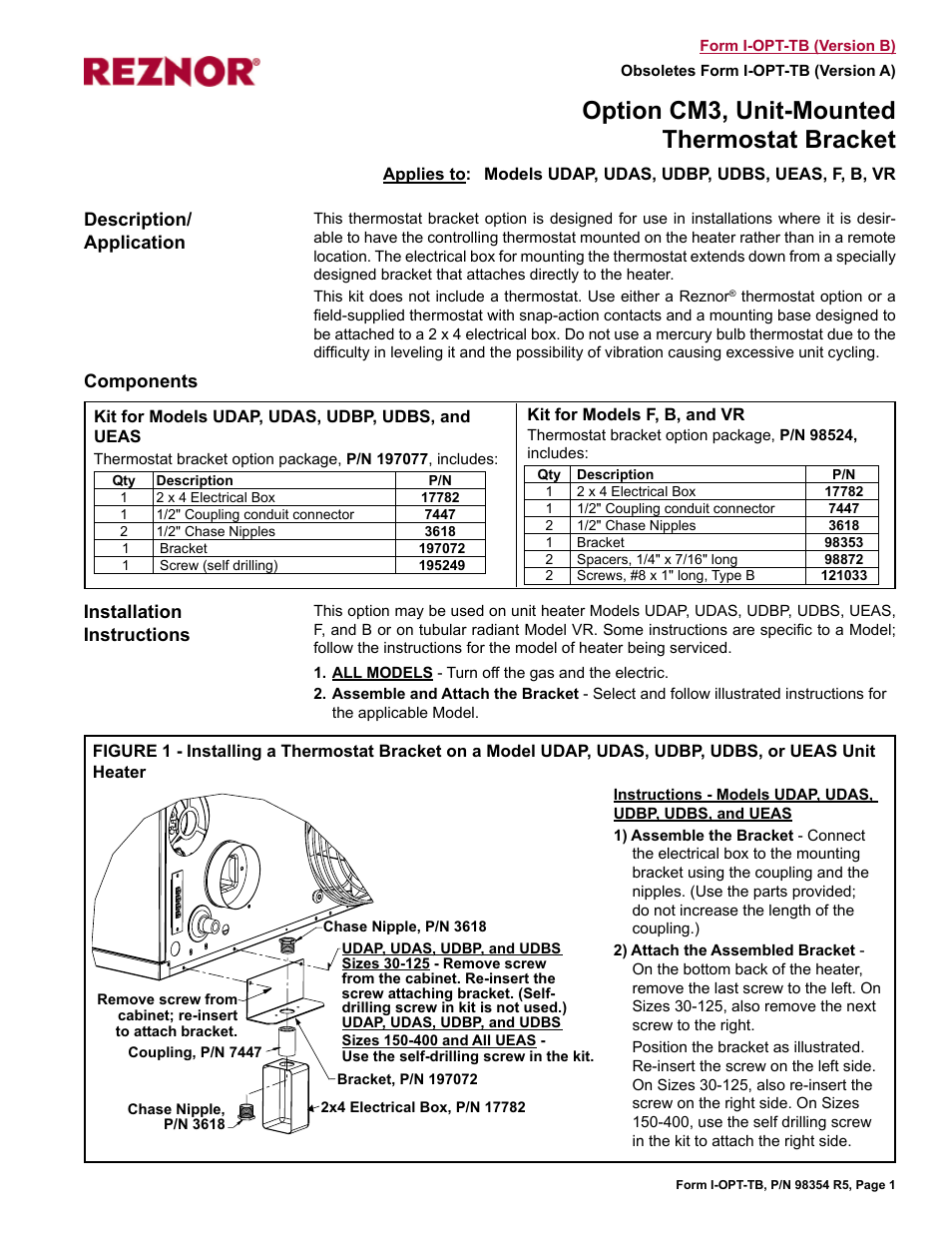 Reznor B Option - Installation - Thermostat Bracket (Unit Mounted) Assembly (Option CM3) User Manual | 2 pages