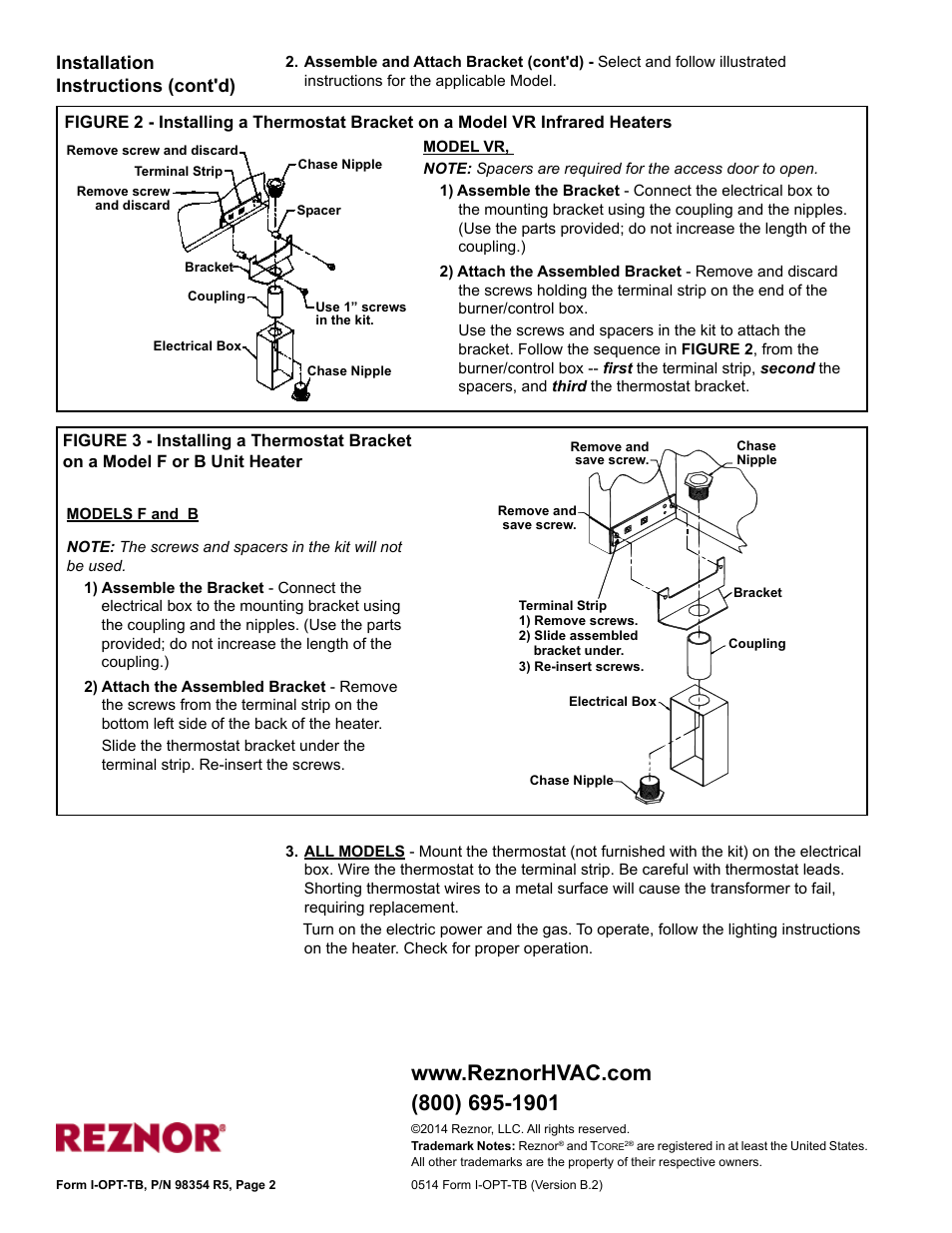 Installation instructions (cont'd) | Reznor B Option - Installation - Thermostat Bracket (Unit Mounted) Assembly (Option CM3) User Manual | Page 2 / 2