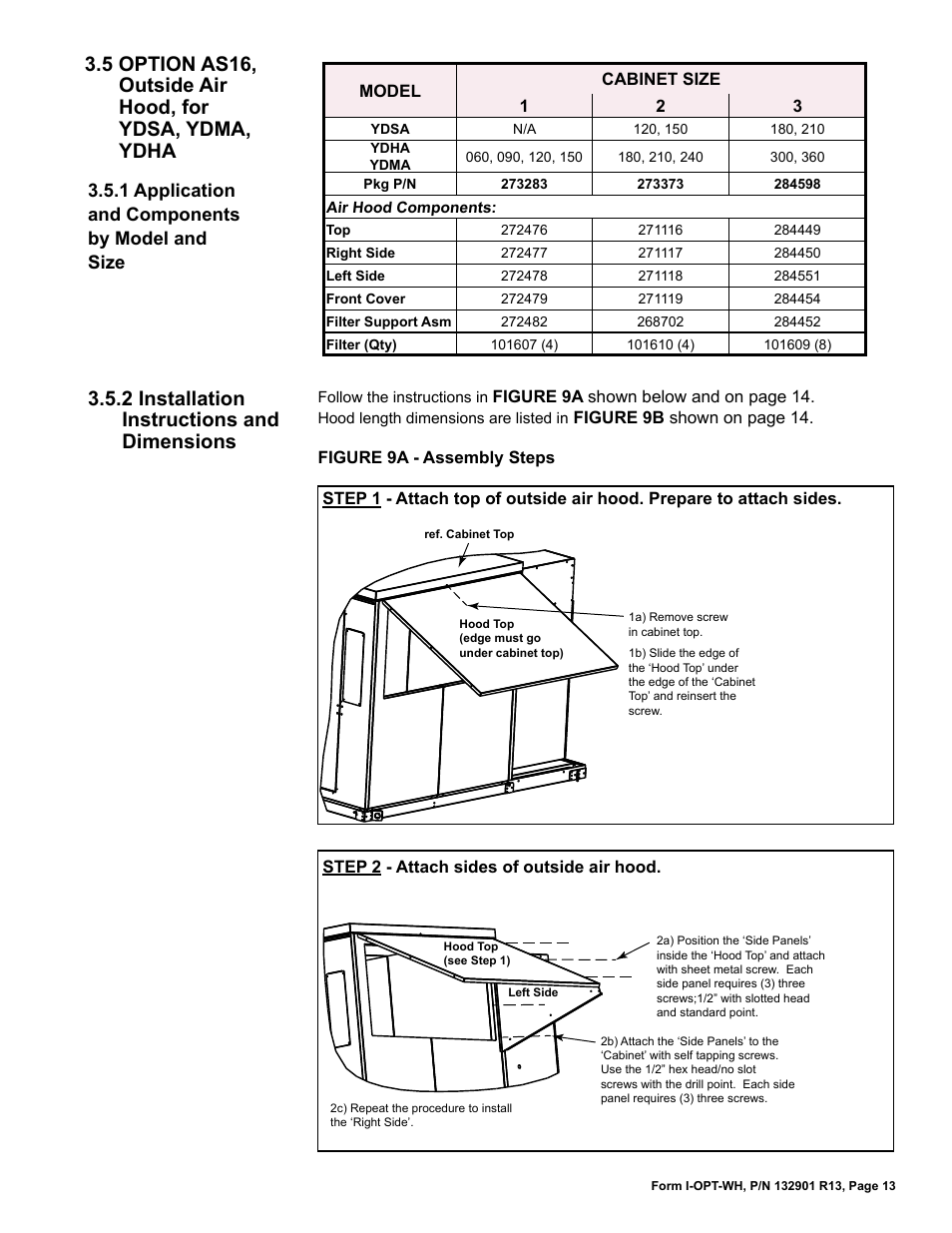 2 installation instructions and dimensions, 1 application and components by model and size | Reznor RBL Option - Installation - Weather Hood Assembly User Manual | Page 13 / 16