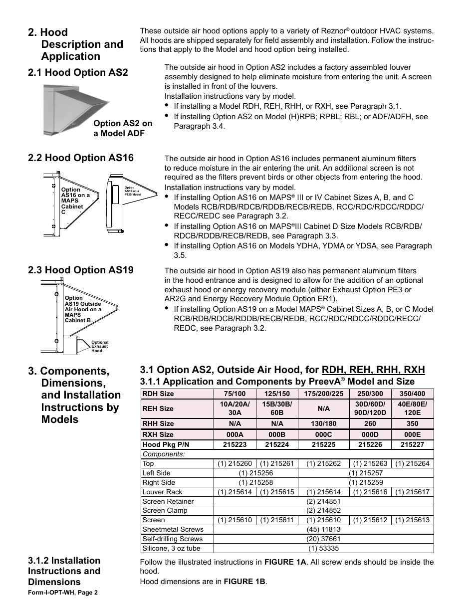 Hood description and application, 1 hood option as2, 2 hood option as16 | 3 hood option as19, Models | Reznor RBL Option - Installation - Weather Hood Assembly User Manual | Page 2 / 16