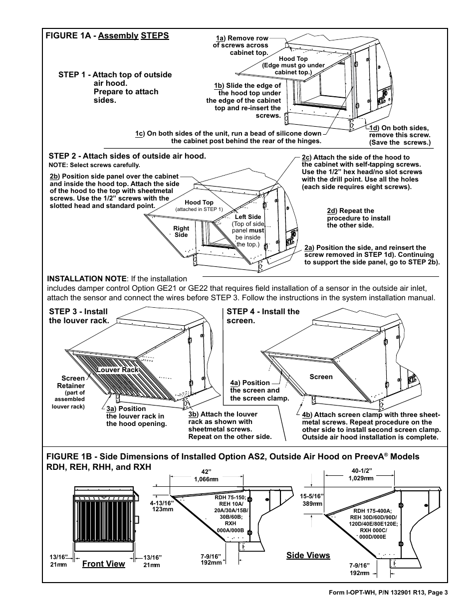 Figure 1a - assembly steps, Front view side views, Models rdh, reh, rhh, and rxh | Reznor RBL Option - Installation - Weather Hood Assembly User Manual | Page 3 / 16
