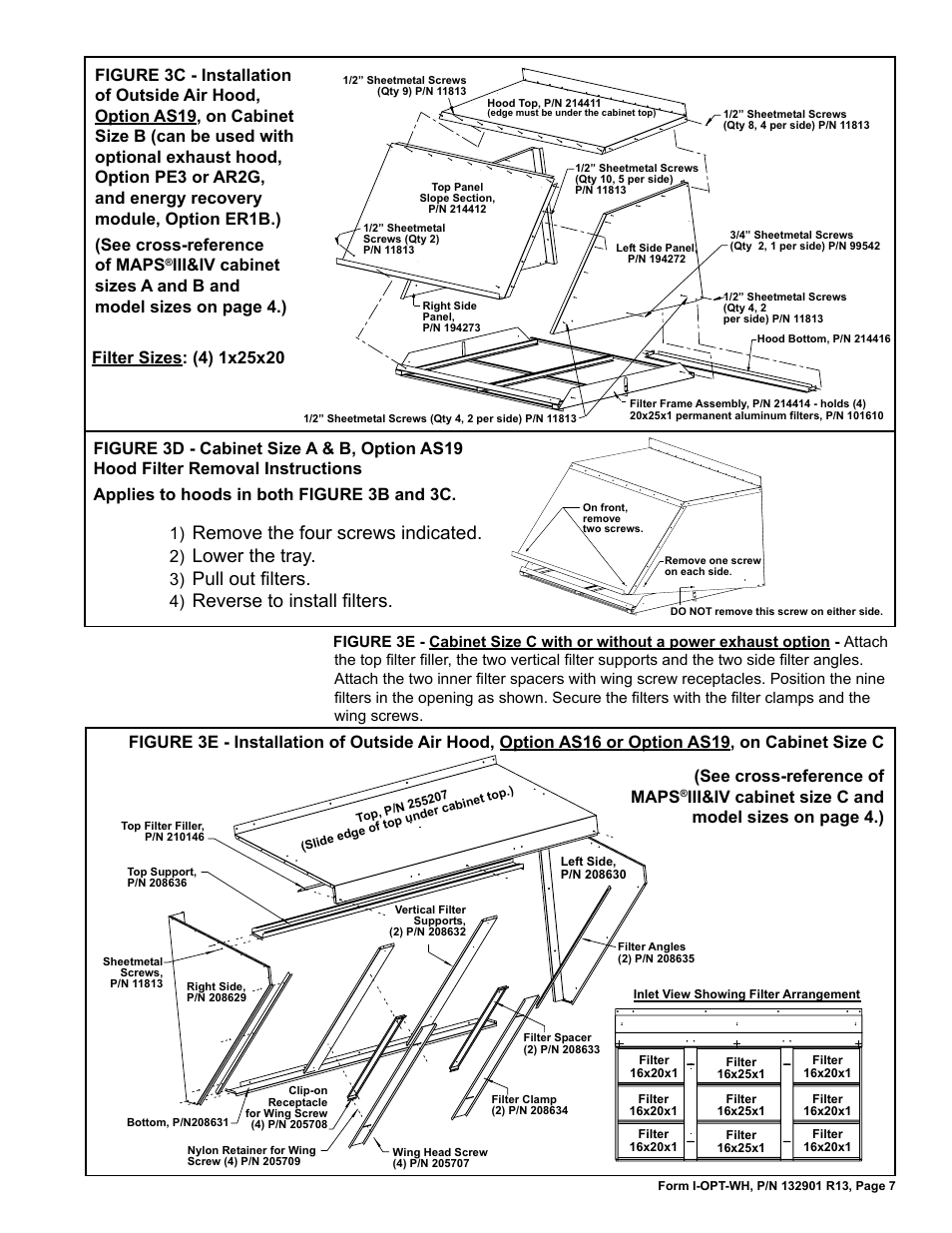 Remove the four screws indicated, Lower the tray, Pull out filters | Reverse to install filters | Reznor RBL Option - Installation - Weather Hood Assembly User Manual | Page 7 / 16