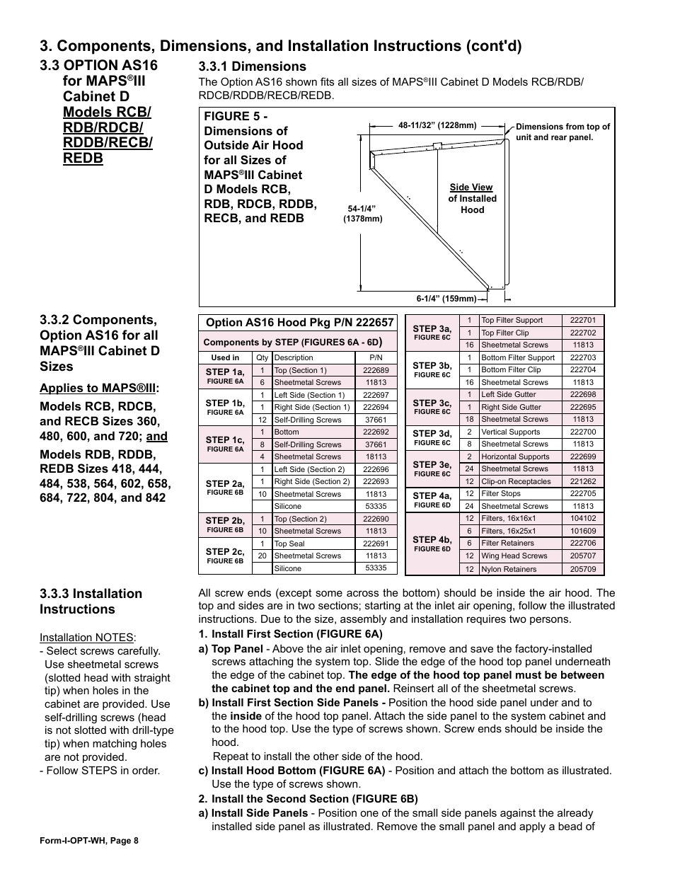 3 option as16 for maps, Iii cabinet d models rcb/rdb, Rdcb/rddb/recb/redb | 1 dimensions, 3 installation instructions, 2 components, option as16 for all maps, Iii cabinet d sizes | Reznor RBL Option - Installation - Weather Hood Assembly User Manual | Page 8 / 16