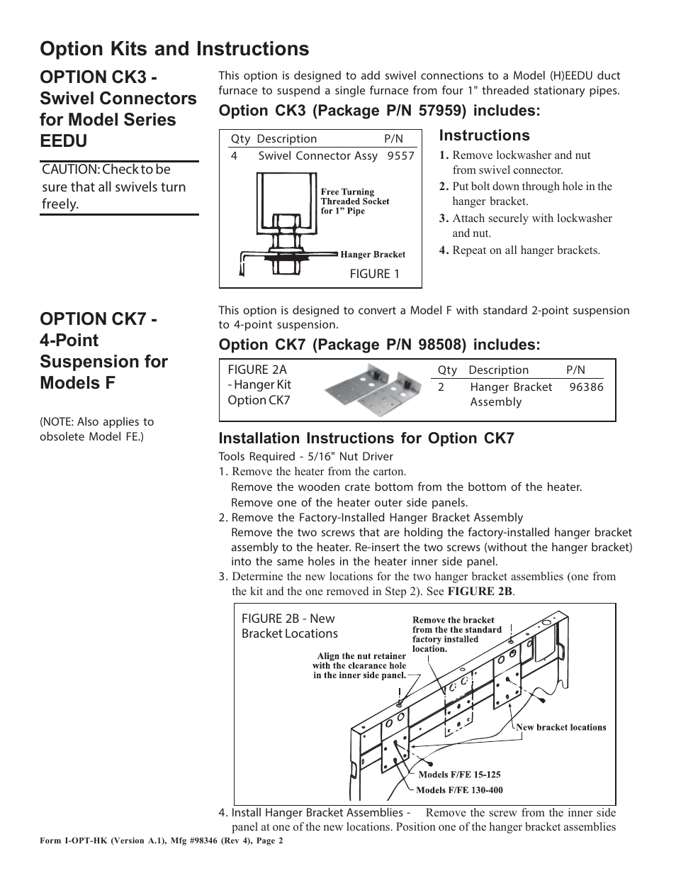 Option kits and instructions, Option ck7 - 4-point suspension for models f | Reznor CK10 Option - Installation - Hanger Kit Installation - Unit Heaters User Manual | Page 2 / 8