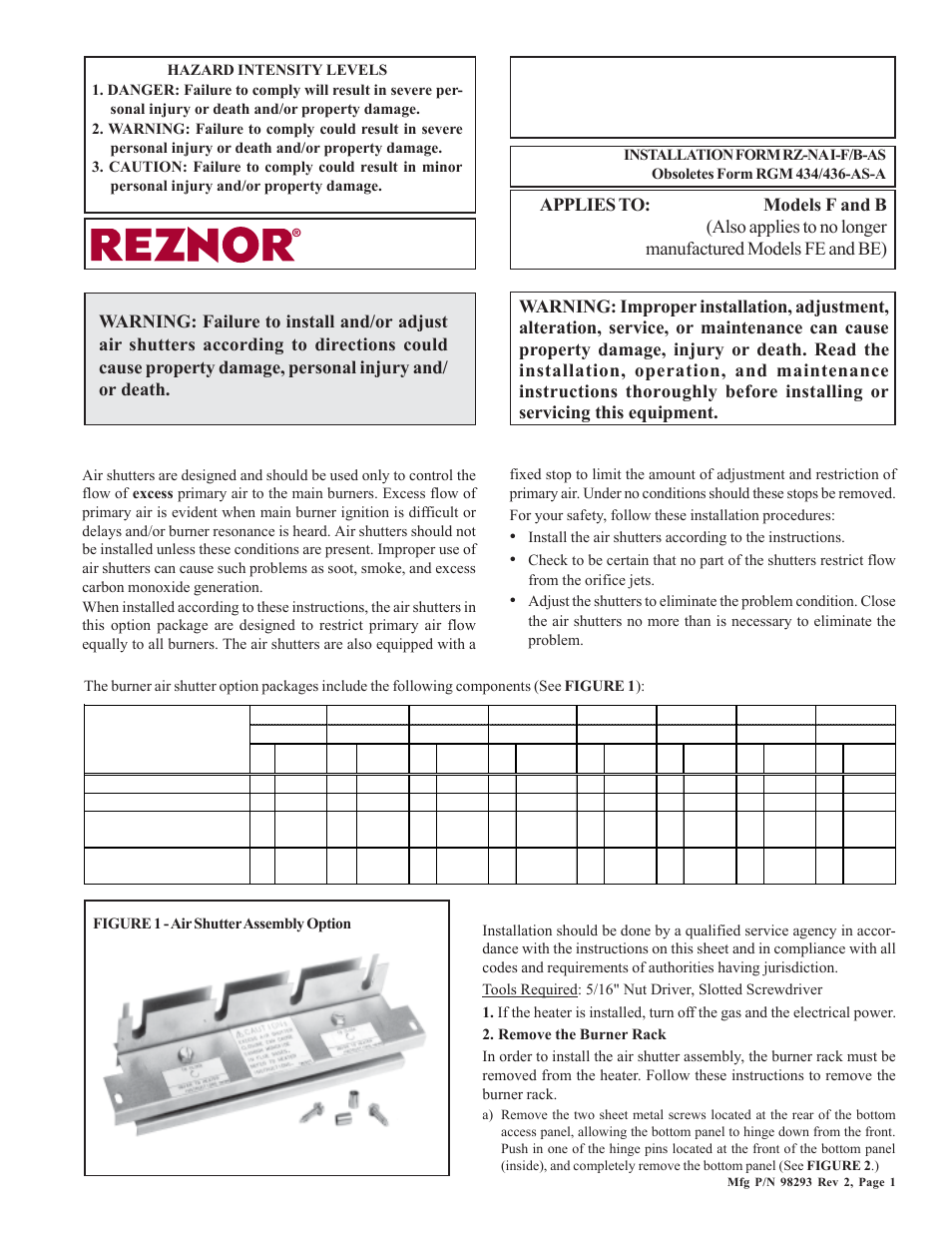 Reznor B Option - Installation - Burner Air Shutters Installation User Manual | 4 pages
