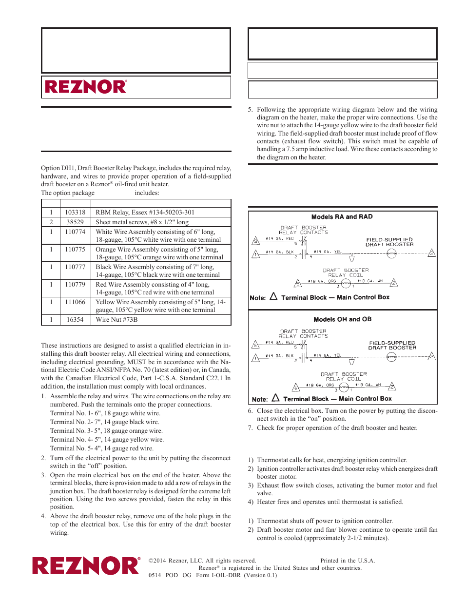 Reznor OB Option - Installation - Draft Booster Relay User Manual | 1 page