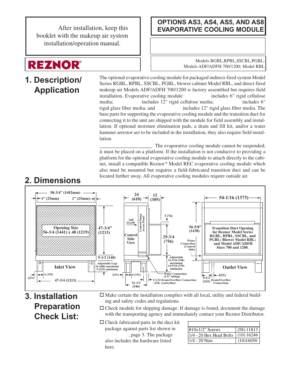 Reznor RBL Option - Installation - Evaporative Cooling Option User Manual | 12 pages