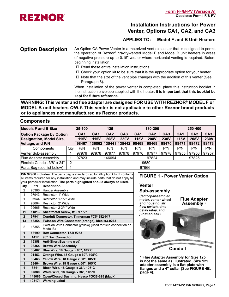 Reznor B Option - Power Venter Installation User Manual | 12 pages