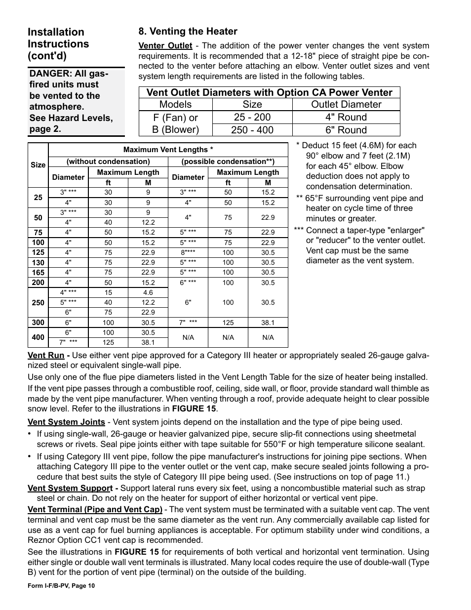 Installation instructions (cont'd), Venting the heater | Reznor B Option - Power Venter Installation User Manual | Page 10 / 12
