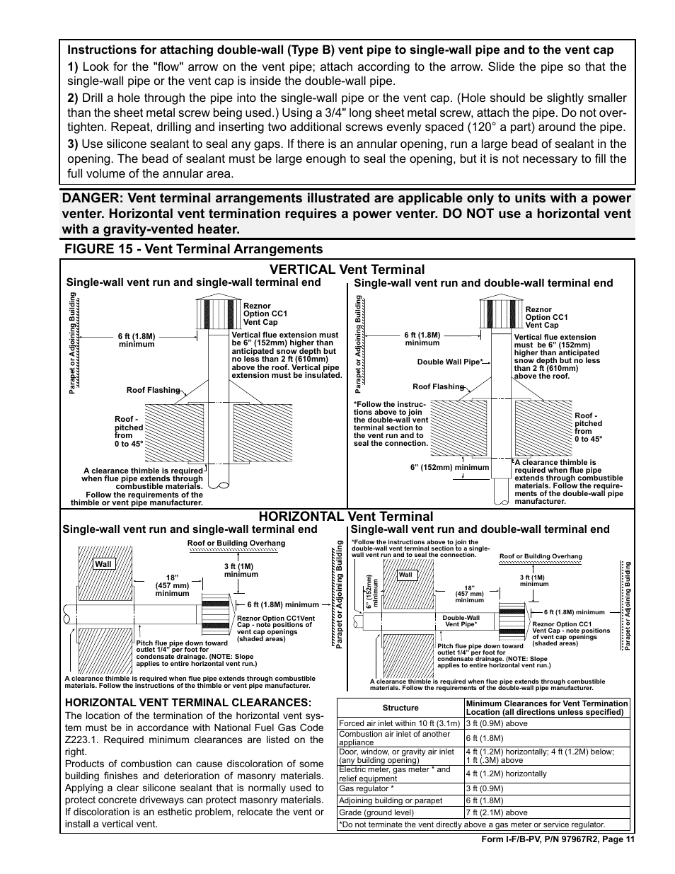 Horizontal vent terminal, Horizontal vent terminal clearances | Reznor B Option - Power Venter Installation User Manual | Page 11 / 12