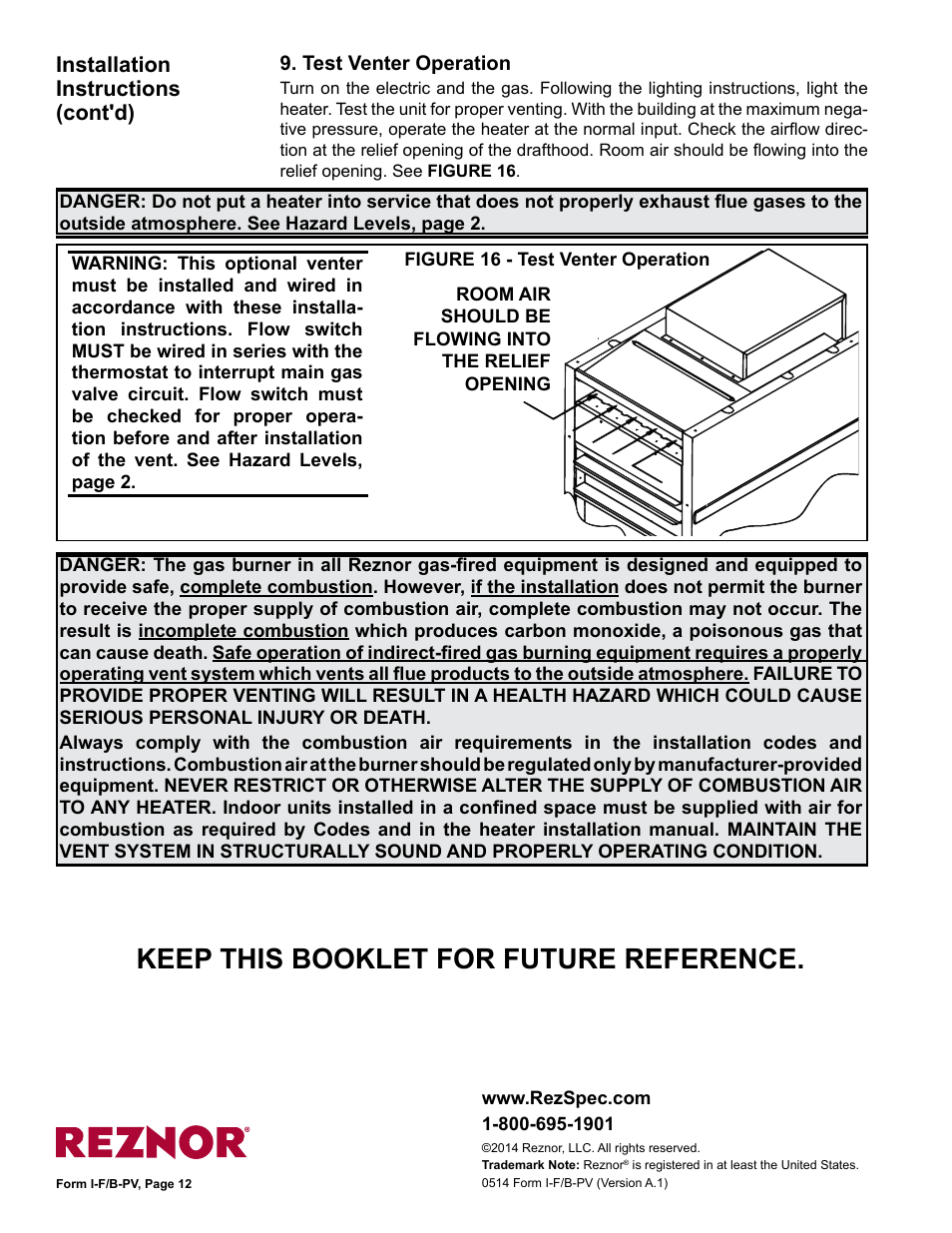 Keep this booklet for future reference | Reznor B Option - Power Venter Installation User Manual | Page 12 / 12