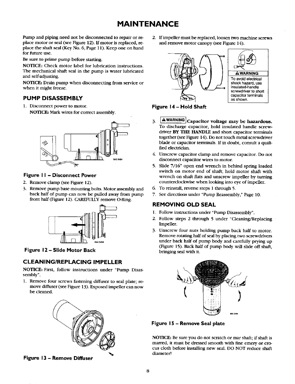 Pump disassembly, Figure i i - disconnect power, Removing old seal | Maintenance | Craftsman 390.262454 User Manual | Page 8 / 12