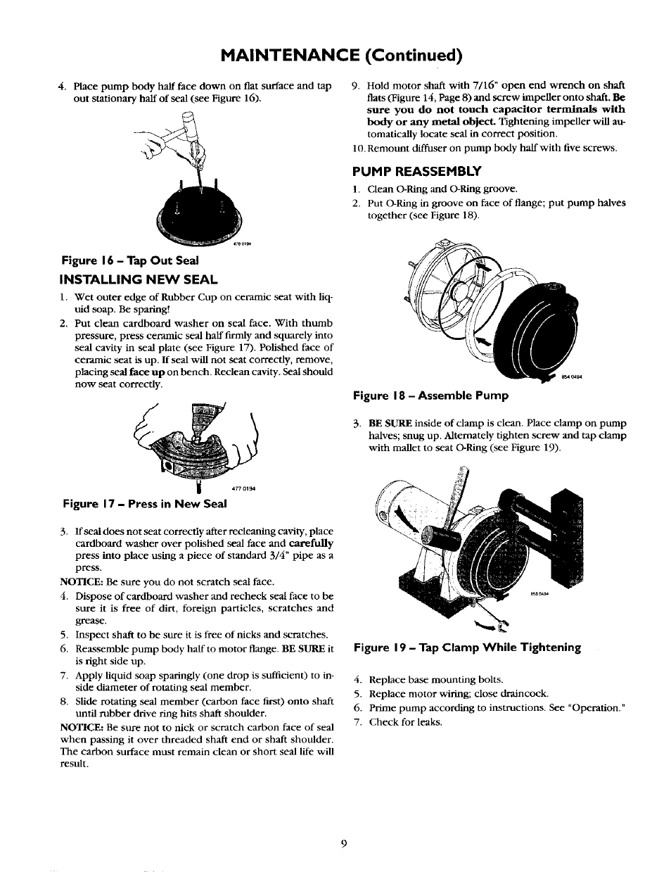 Pump reassembly, Maintenance (continued) | Craftsman 390.262454 User Manual | Page 9 / 12