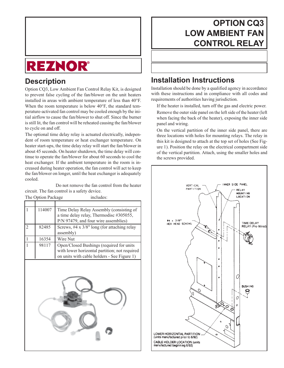 Reznor B Option - Low Ambient Control Relay Installation User Manual | 2 pages