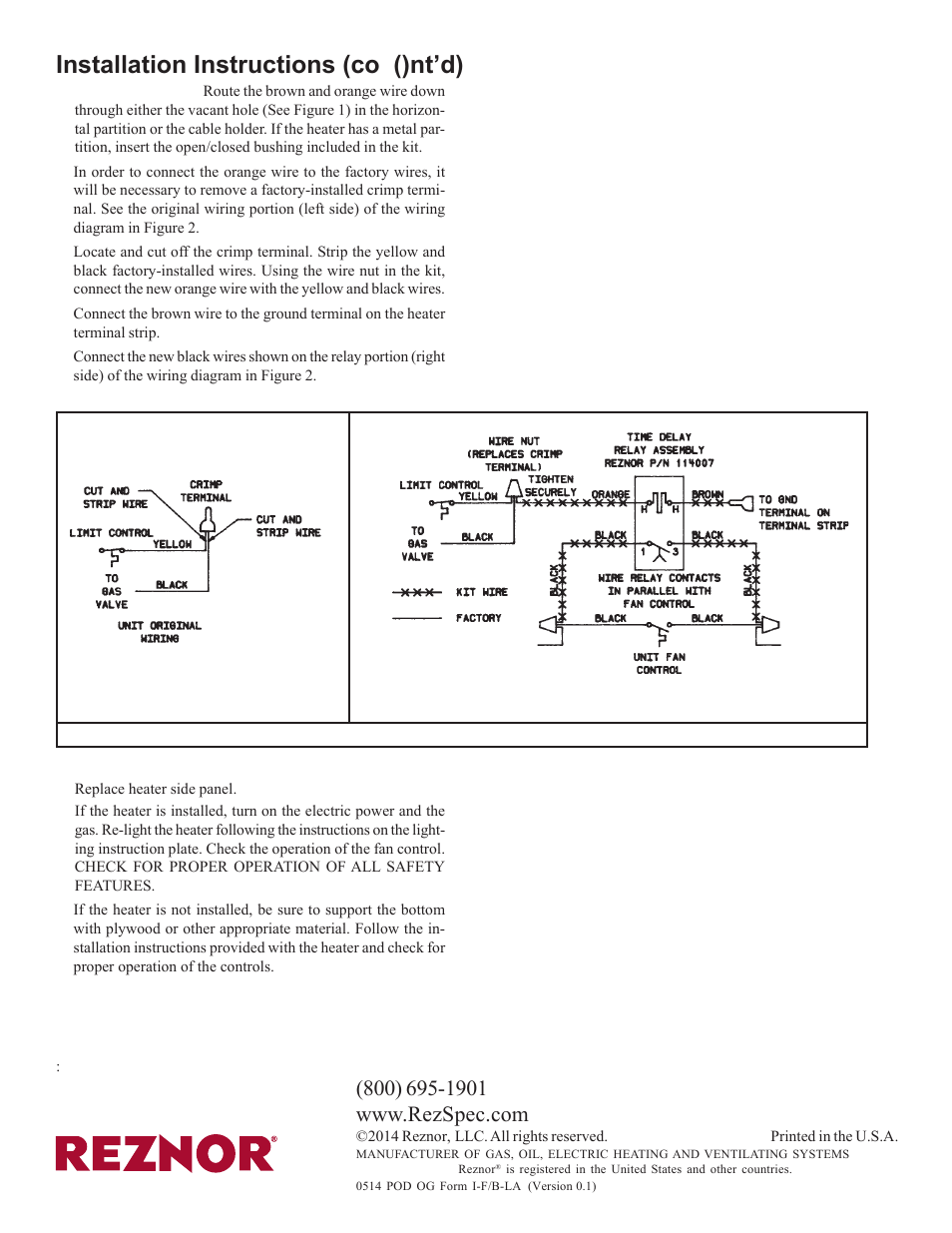 Installation instructions (co ()nt’d) | Reznor B Option - Low Ambient Control Relay Installation User Manual | Page 2 / 2