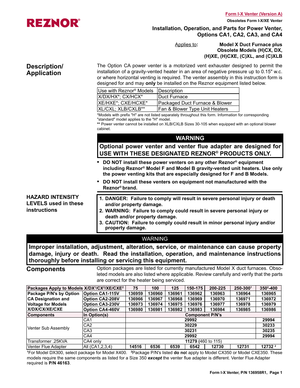 Reznor X Option - Option - Installation - Power Venter User Manual | 10 pages