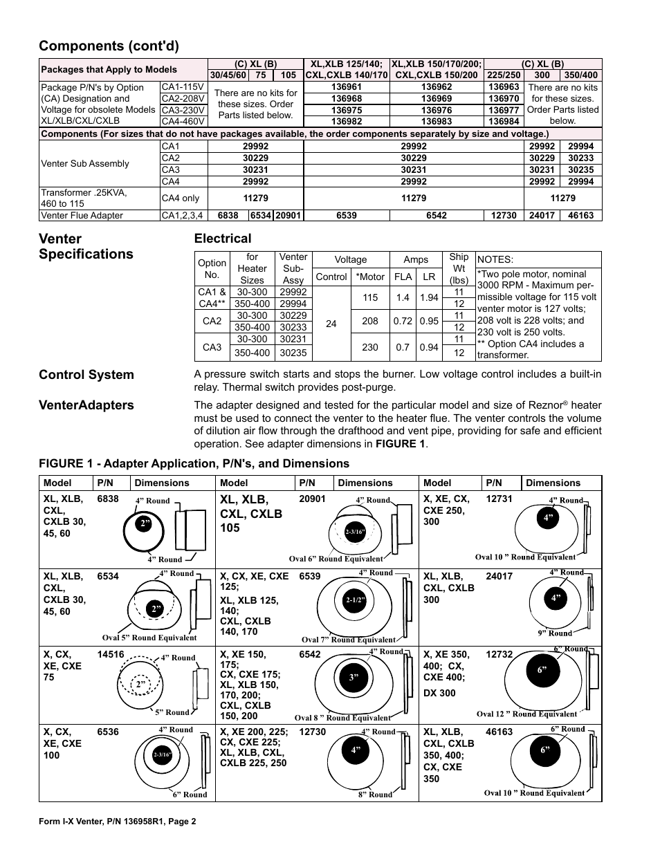 Venter specifications, Components (cont'd), Electrical | Control system, Venteradapters | Reznor X Option - Option - Installation - Power Venter User Manual | Page 2 / 10