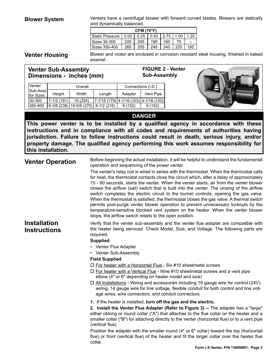 Venter operation, Installation instructions, Venter sub-assembly dimensions - inches (mm) | Venter housing | Reznor X Option - Option - Installation - Power Venter User Manual | Page 3 / 10